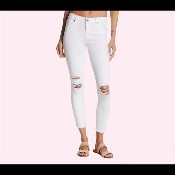 7 FOR ALL MANKIND Gwenevere White Frayed Distressed Stretch Ankle Skinny Jeans - Picture 7 of 10
